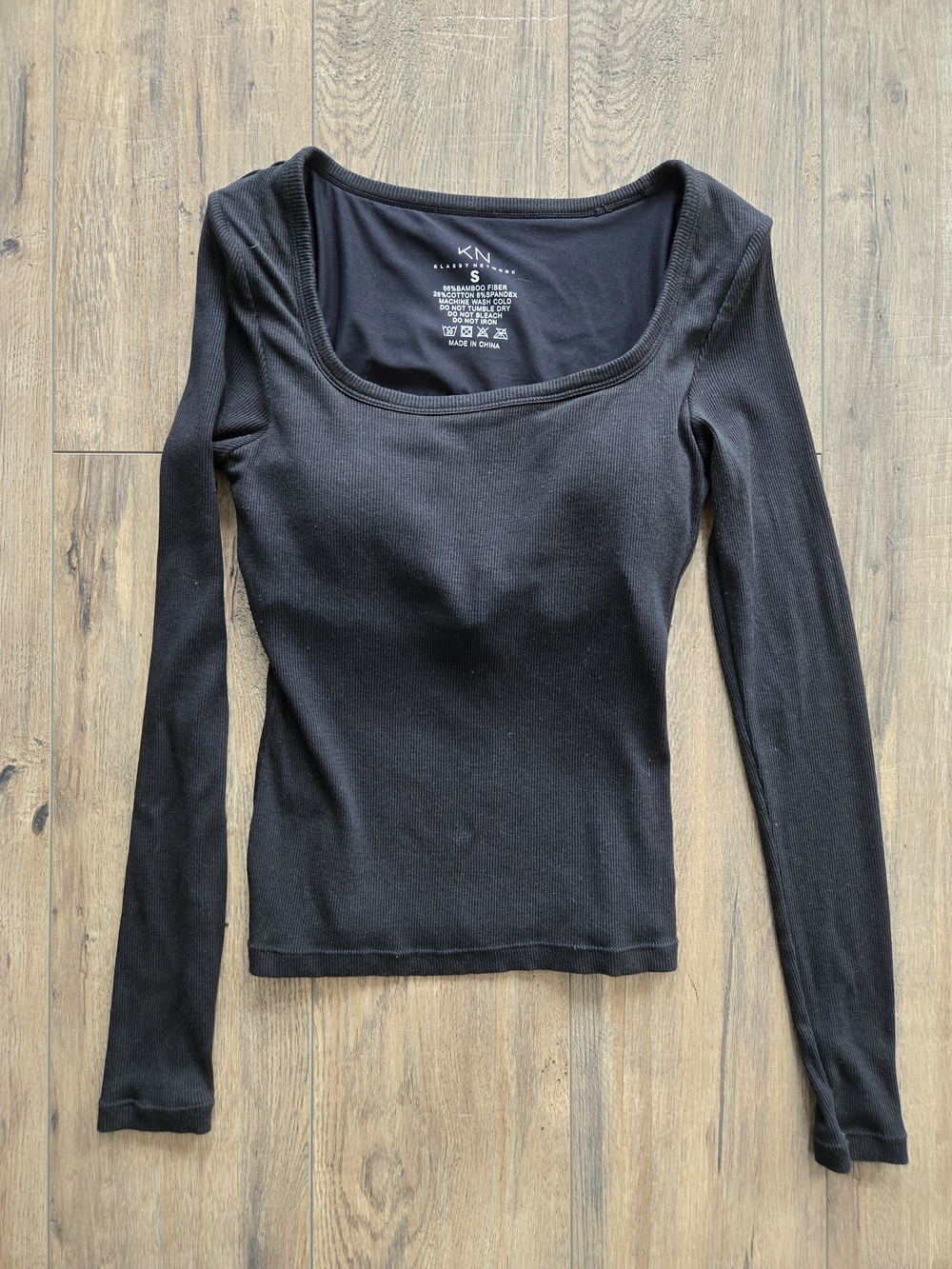 Klassy Network Black Ribbed Long-Sleeve Square Neck Top